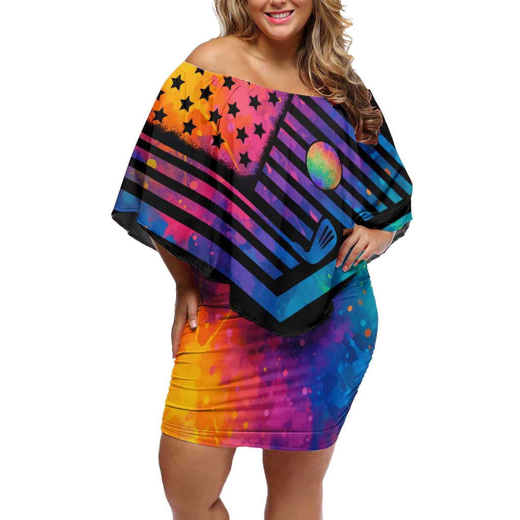 Colorful Golf Off Shoulder Short Dress Watercolor American Flag Female Golfer Silhouette in Rainbow Gradient - Wonder Print Shop