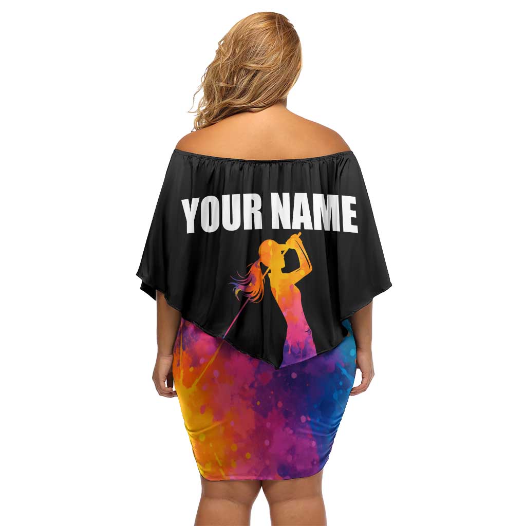 Colorful Golf Off Shoulder Short Dress Watercolor American Flag Female Golfer Silhouette in Rainbow Gradient - Wonder Print Shop