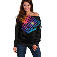 Colorful Golf Off Shoulder Sweater Watercolor American Flag Female Golfer Silhouette in Rainbow Gradient - Wonder Print Shop
