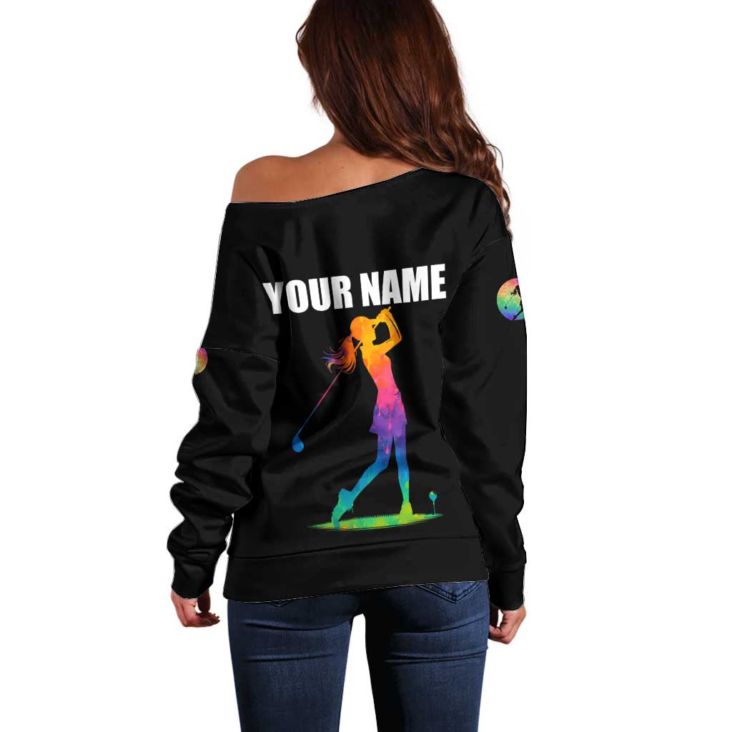 Colorful Golf Off Shoulder Sweater Watercolor American Flag Female Golfer Silhouette in Rainbow Gradient - Wonder Print Shop