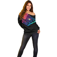 Colorful Golf Off Shoulder Sweater Watercolor American Flag Female Golfer Silhouette in Rainbow Gradient - Wonder Print Shop