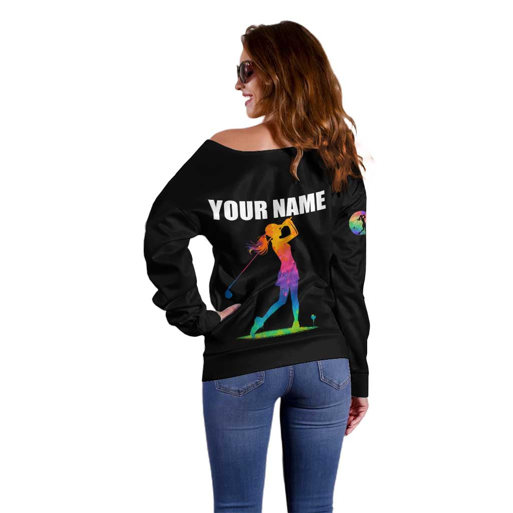 Colorful Golf Off Shoulder Sweater Watercolor American Flag Female Golfer Silhouette in Rainbow Gradient - Wonder Print Shop