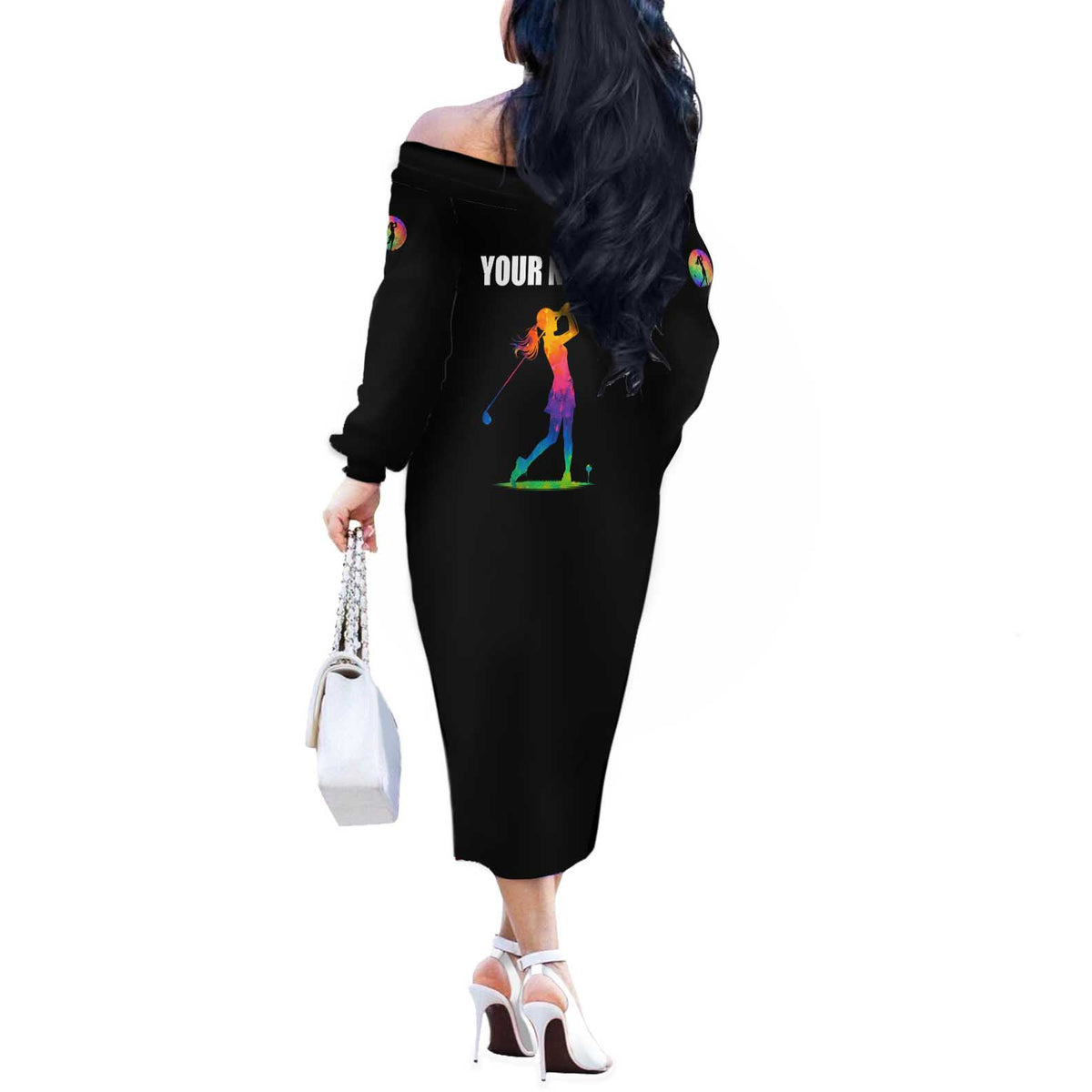 Colorful Golf Off The Shoulder Long Sleeve Dress Watercolor American Flag Female Golfer Silhouette in Rainbow Gradient - Wonder Print Shop