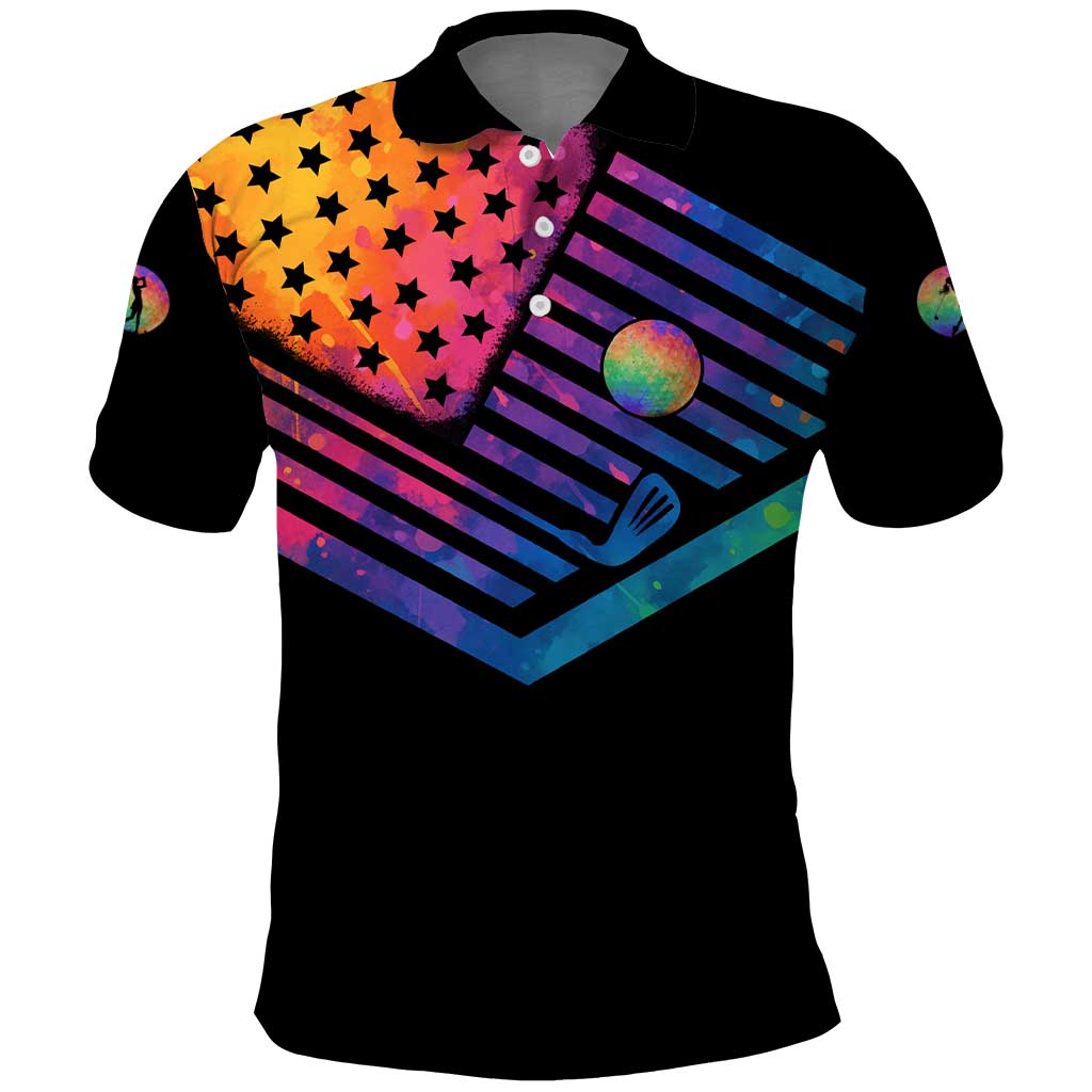 Colorful Golf Polo Shirt Watercolor American Flag Female Golfer Silhouette in Rainbow Gradient - Wonder Print Shop