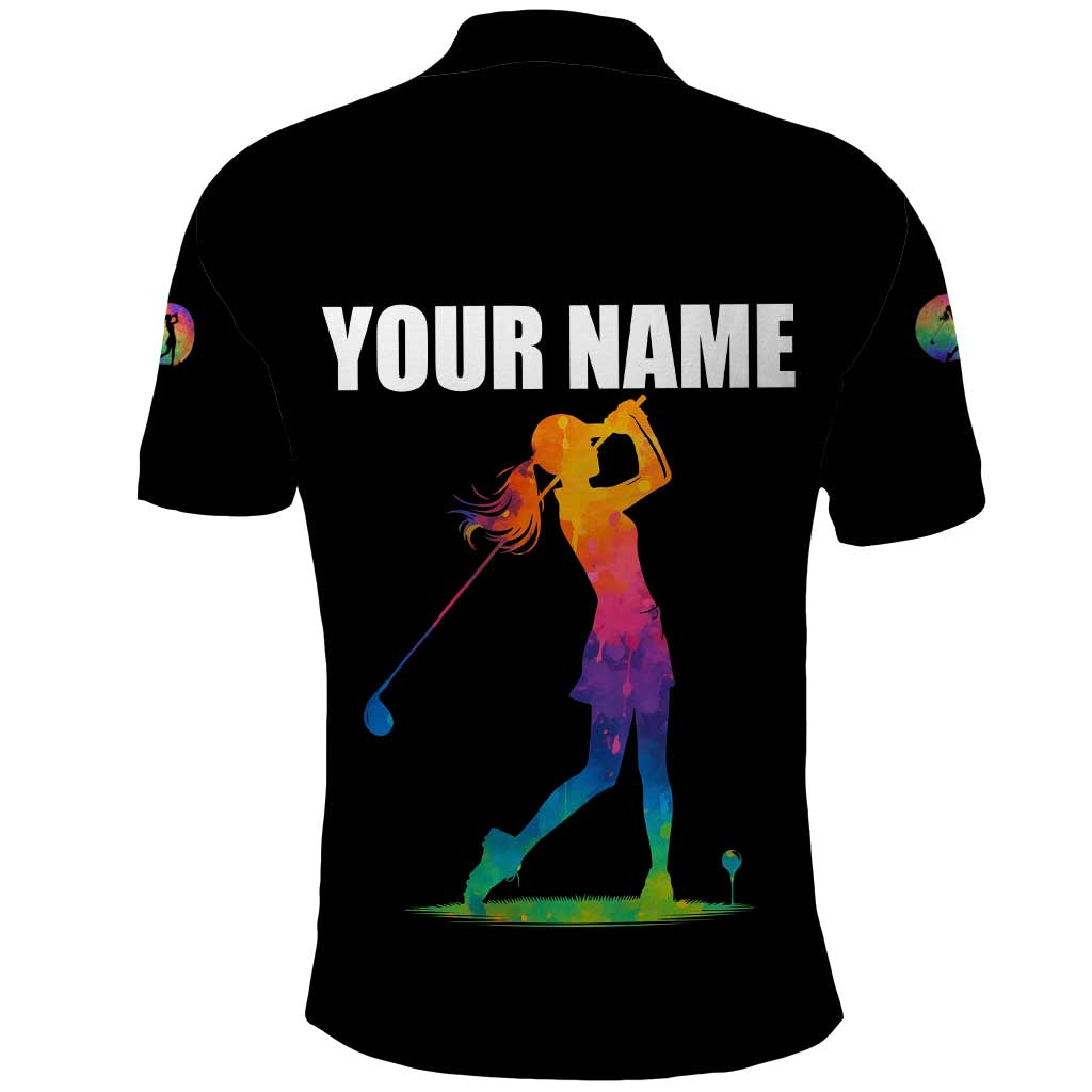 Colorful Golf Polo Shirt Watercolor American Flag Female Golfer Silhouette in Rainbow Gradient - Wonder Print Shop