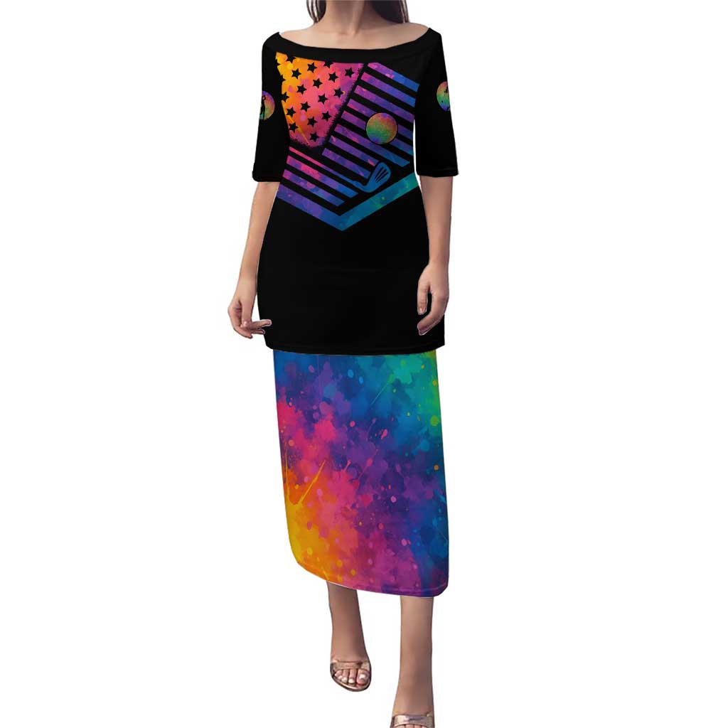 Colorful Golf Puletasi Watercolor American Flag Female Golfer Silhouette in Rainbow Gradient - Wonder Print Shop