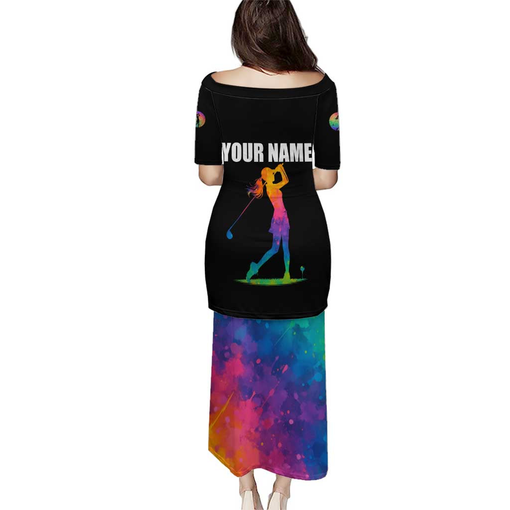 Colorful Golf Puletasi Watercolor American Flag Female Golfer Silhouette in Rainbow Gradient - Wonder Print Shop