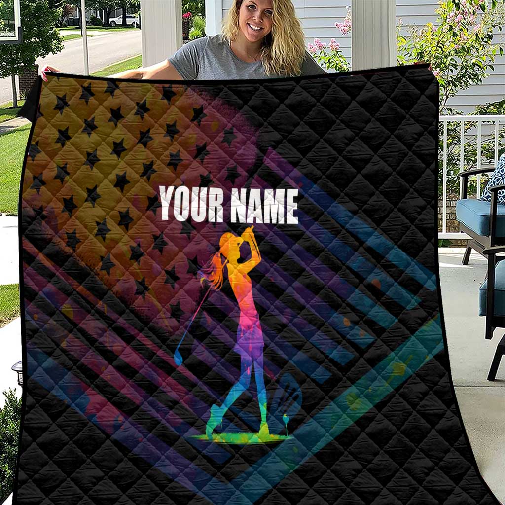 Colorful Golf Quilt Watercolor American Flag Female Golfer Silhouette in Rainbow Gradient - Wonder Print Shop