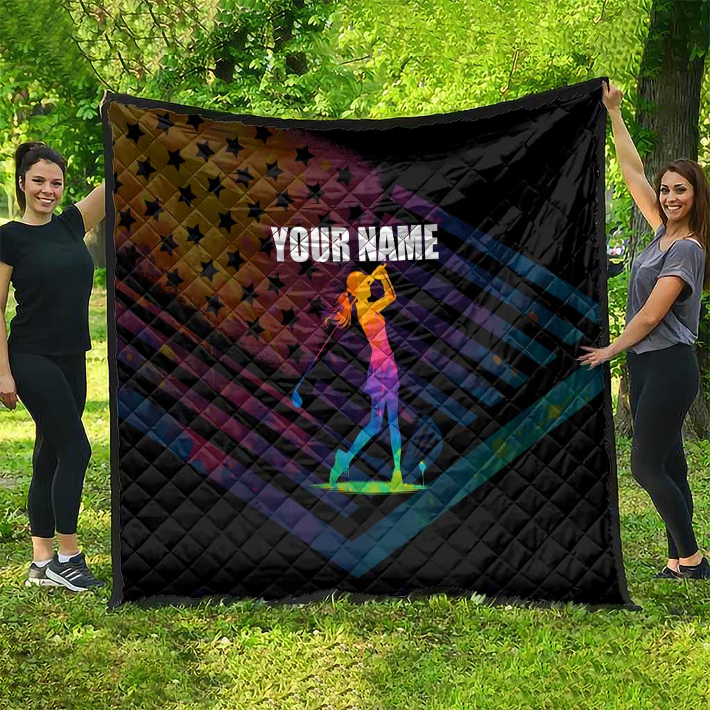 Colorful Golf Quilt Watercolor American Flag Female Golfer Silhouette in Rainbow Gradient - Wonder Print Shop