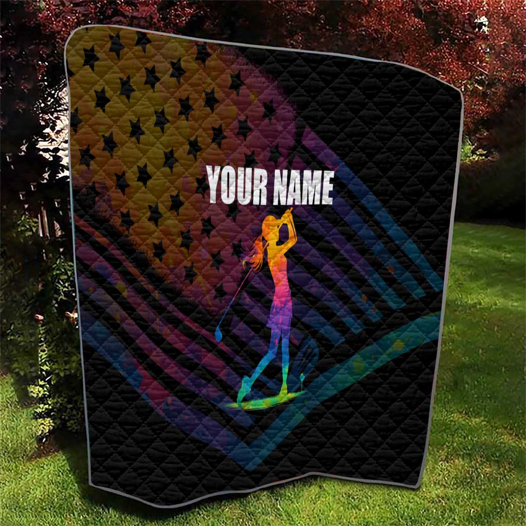 Colorful Golf Quilt Watercolor American Flag Female Golfer Silhouette in Rainbow Gradient - Wonder Print Shop