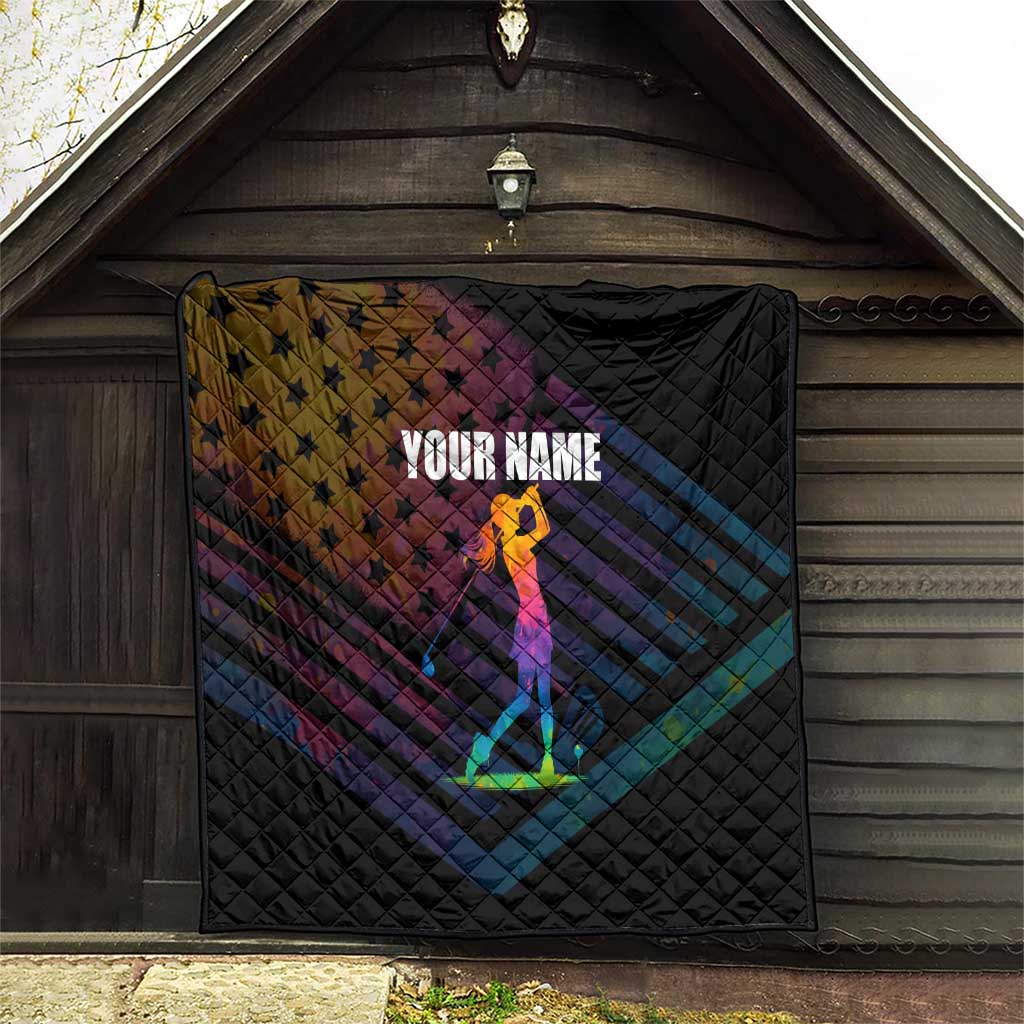 Colorful Golf Quilt Watercolor American Flag Female Golfer Silhouette in Rainbow Gradient - Wonder Print Shop