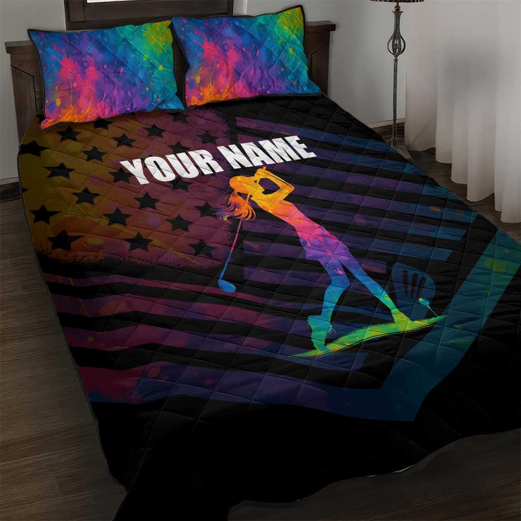 Colorful Golf Quilt Bed Set Watercolor American Flag Female Golfer Silhouette in Rainbow Gradient - Wonder Print Shop