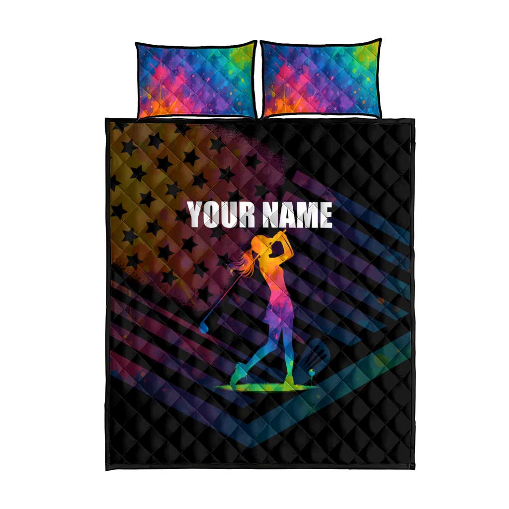 Colorful Golf Quilt Bed Set Watercolor American Flag Female Golfer Silhouette in Rainbow Gradient - Wonder Print Shop