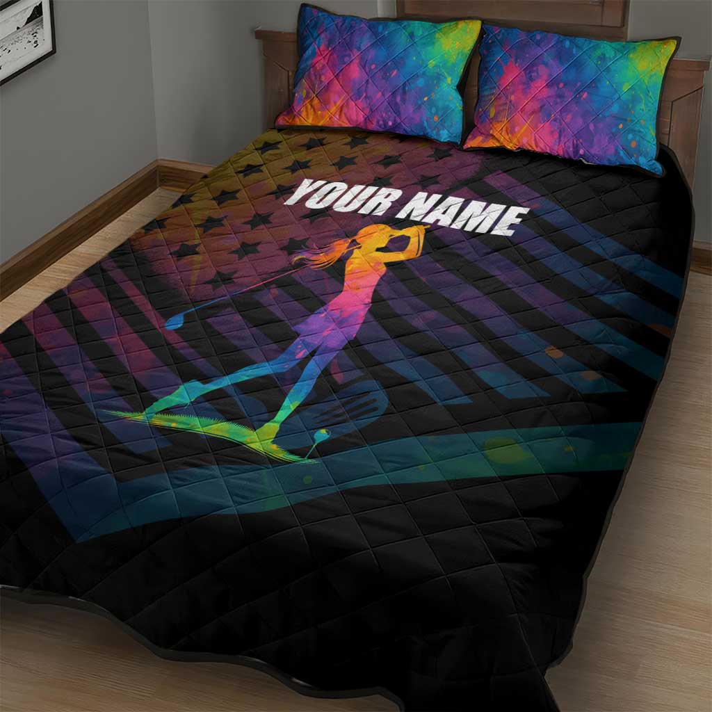 Colorful Golf Quilt Bed Set Watercolor American Flag Female Golfer Silhouette in Rainbow Gradient - Wonder Print Shop