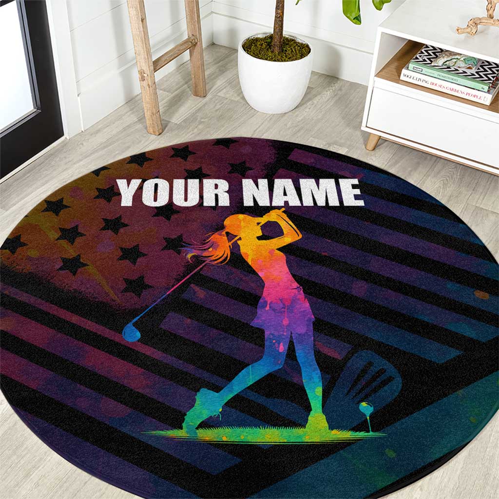Colorful Golf Round Carpet Watercolor American Flag Female Golfer Silhouette in Rainbow Gradient - Wonder Print Shop