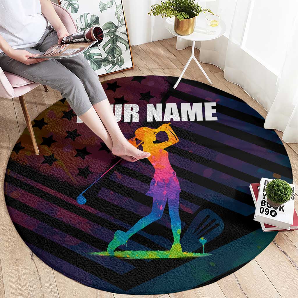 Colorful Golf Round Carpet Watercolor American Flag Female Golfer Silhouette in Rainbow Gradient - Wonder Print Shop
