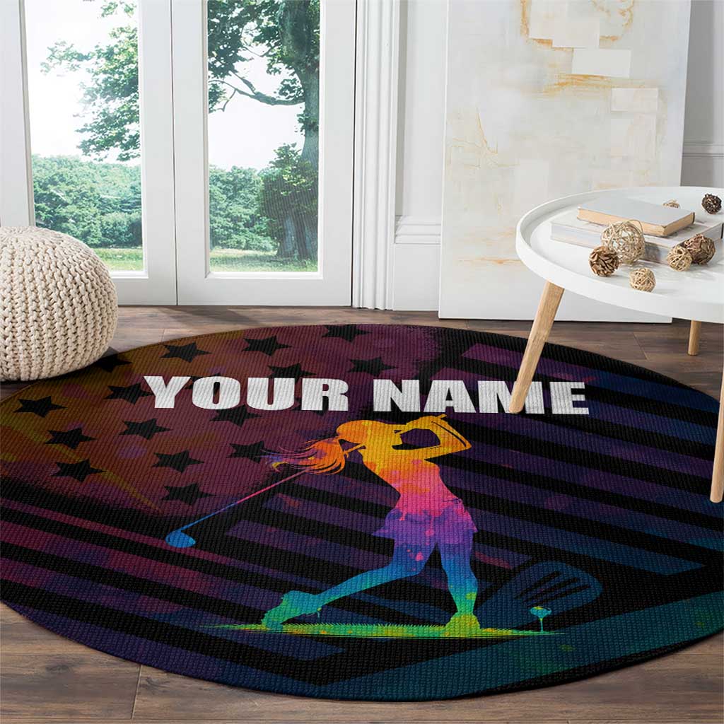 Colorful Golf Round Carpet Watercolor American Flag Female Golfer Silhouette in Rainbow Gradient - Wonder Print Shop