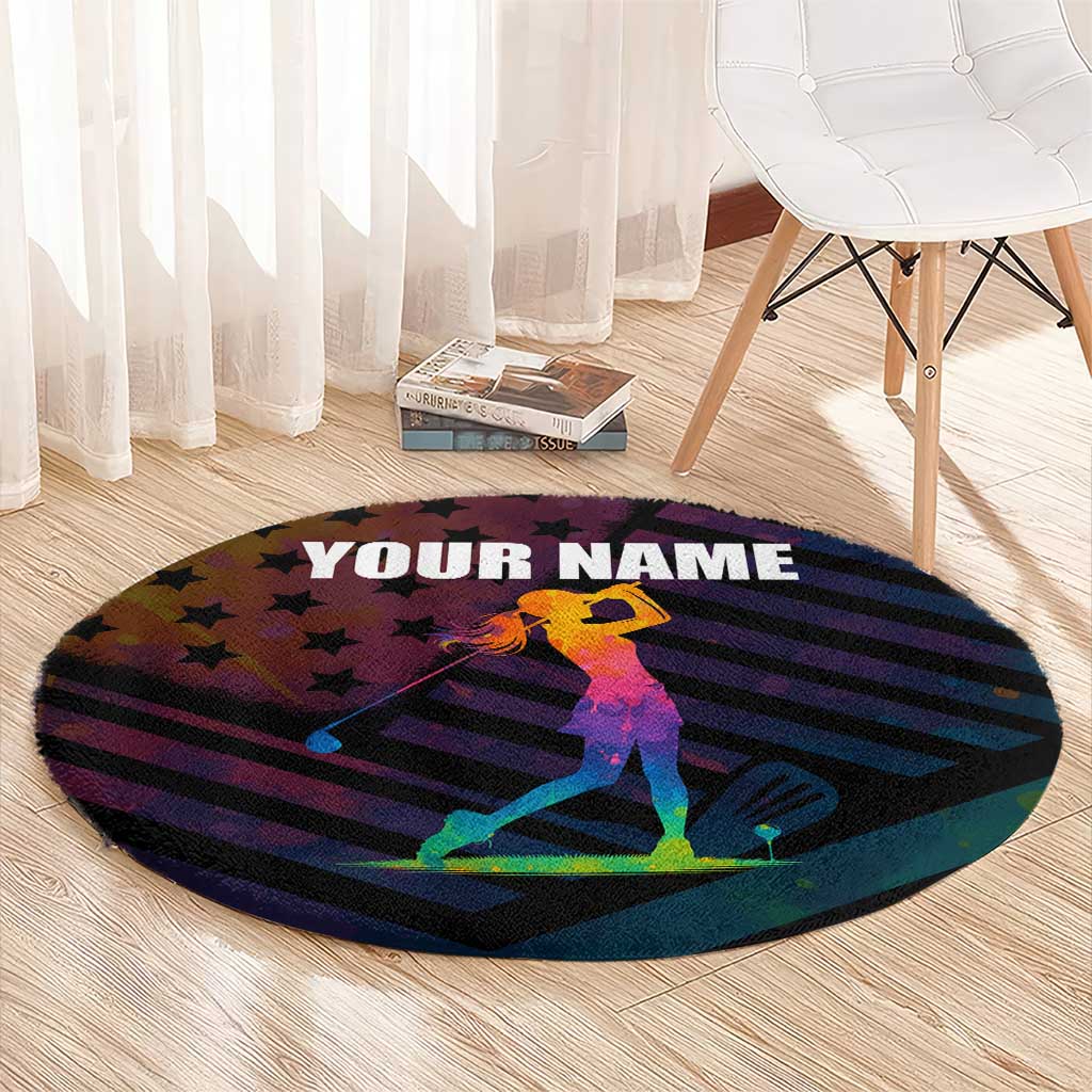 Colorful Golf Round Carpet Watercolor American Flag Female Golfer Silhouette in Rainbow Gradient - Wonder Print Shop