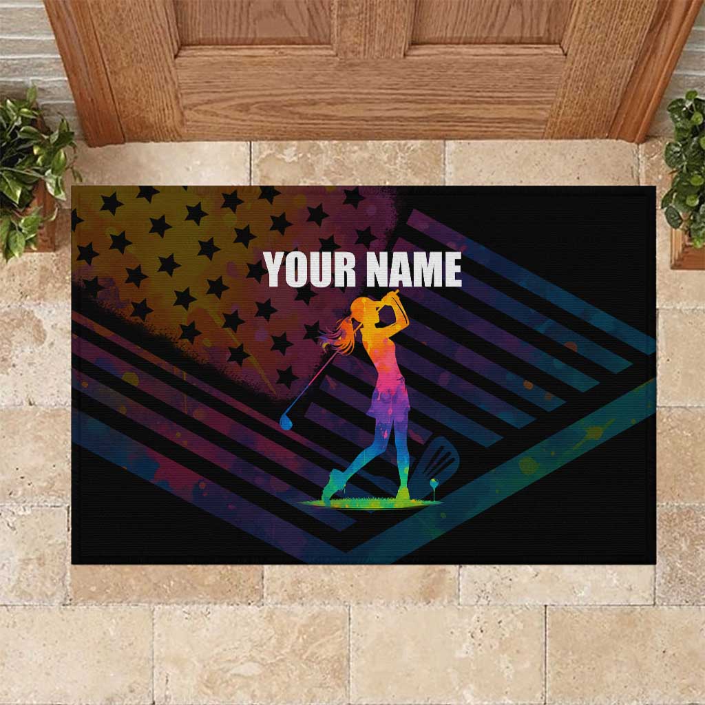 Colorful Golf Rubber Doormat Watercolor American Flag Female Golfer Silhouette in Rainbow Gradient - Wonder Print Shop