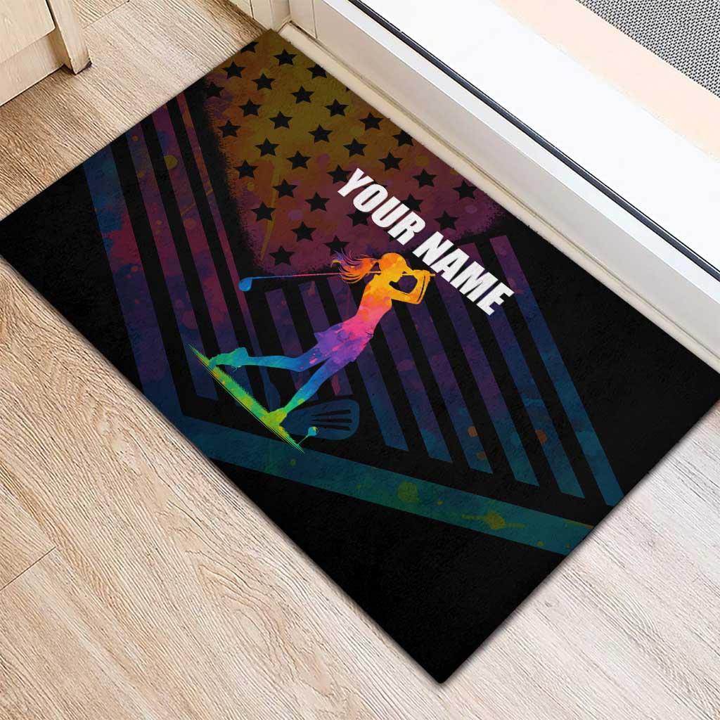 Colorful Golf Rubber Doormat Watercolor American Flag Female Golfer Silhouette in Rainbow Gradient - Wonder Print Shop