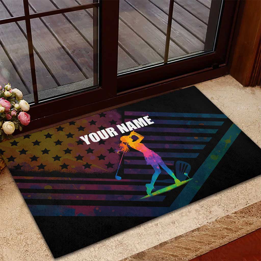 Colorful Golf Rubber Doormat Watercolor American Flag Female Golfer Silhouette in Rainbow Gradient - Wonder Print Shop