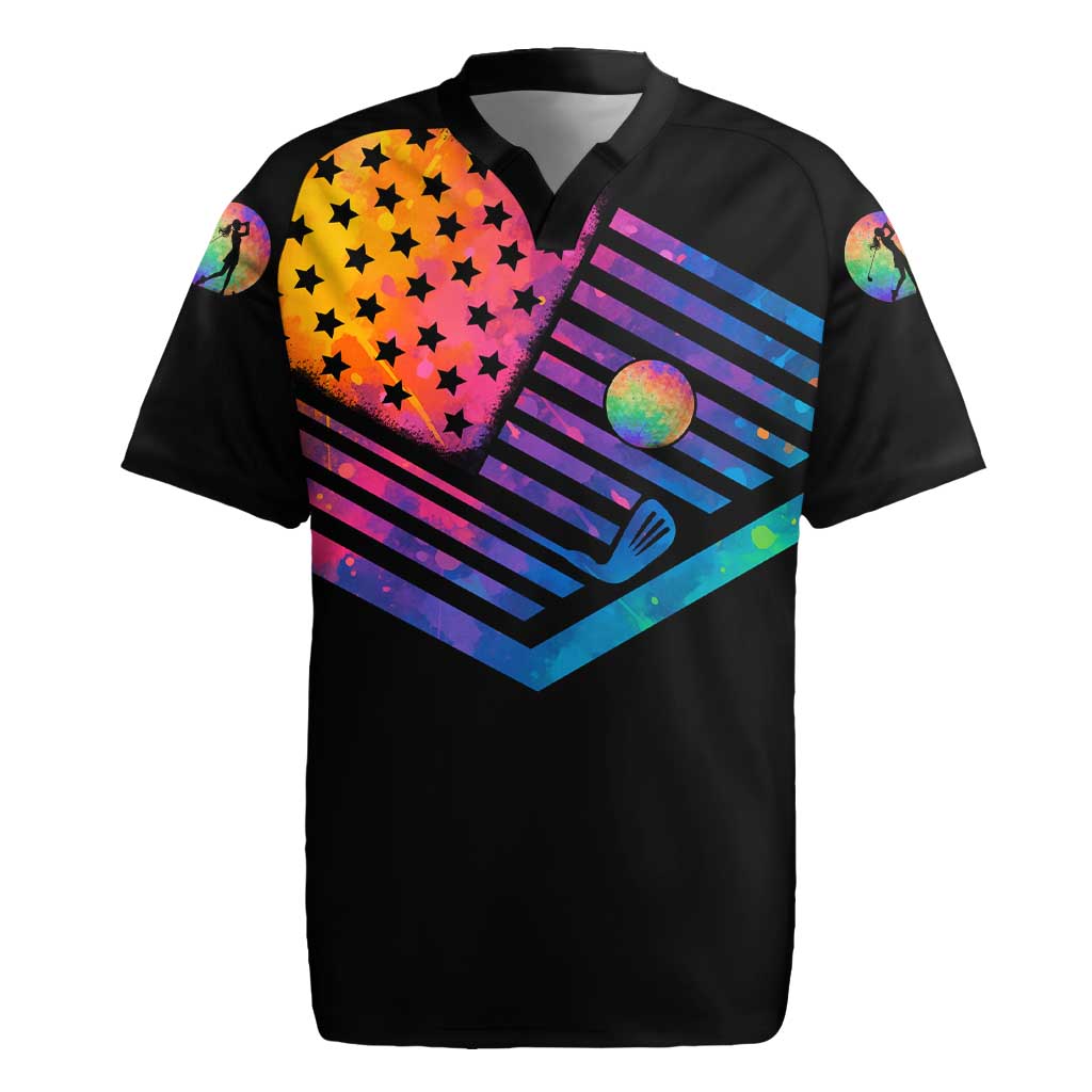 Colorful Golf Rugby Jersey Watercolor American Flag Female Golfer Silhouette in Rainbow Gradient - Wonder Print Shop