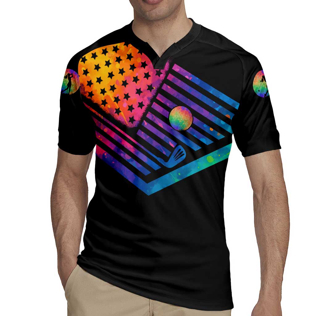 Colorful Golf Rugby Jersey Watercolor American Flag Female Golfer Silhouette in Rainbow Gradient - Wonder Print Shop