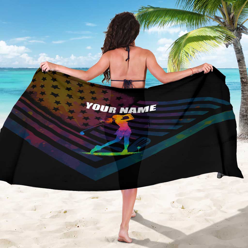 Colorful Golf Sarong Watercolor American Flag Female Golfer Silhouette in Rainbow Gradient - Wonder Print Shop
