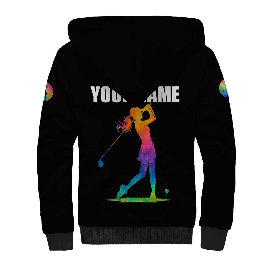 Colorful Golf Sherpa Hoodie Watercolor American Flag Female Golfer Silhouette in Rainbow Gradient - Wonder Print Shop