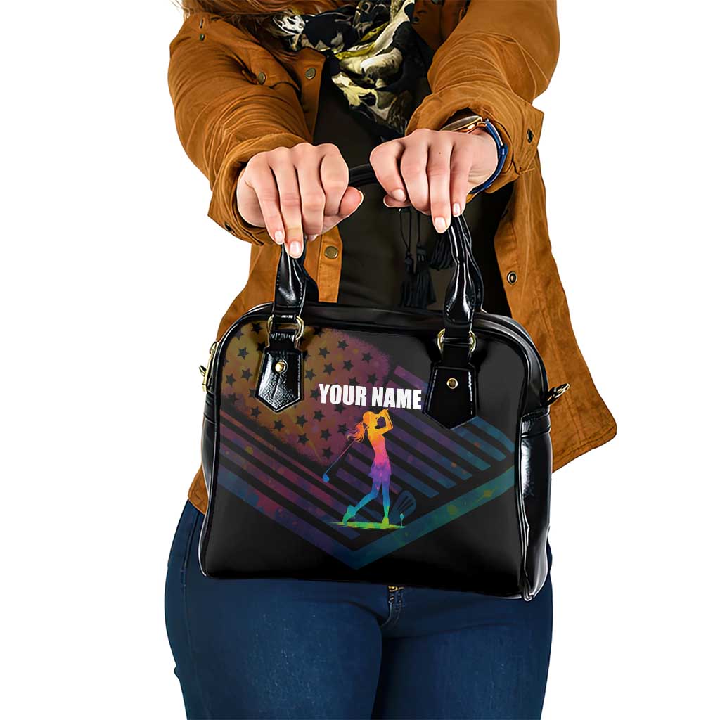 Colorful Golf Shoulder Handbag Watercolor American Flag Female Golfer Silhouette in Rainbow Gradient - Wonder Print Shop