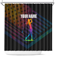 Colorful Golf Shower Curtain Watercolor American Flag Female Golfer Silhouette in Rainbow Gradient - Wonder Print Shop