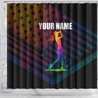 Colorful Golf Shower Curtain Watercolor American Flag Female Golfer Silhouette in Rainbow Gradient - Wonder Print Shop