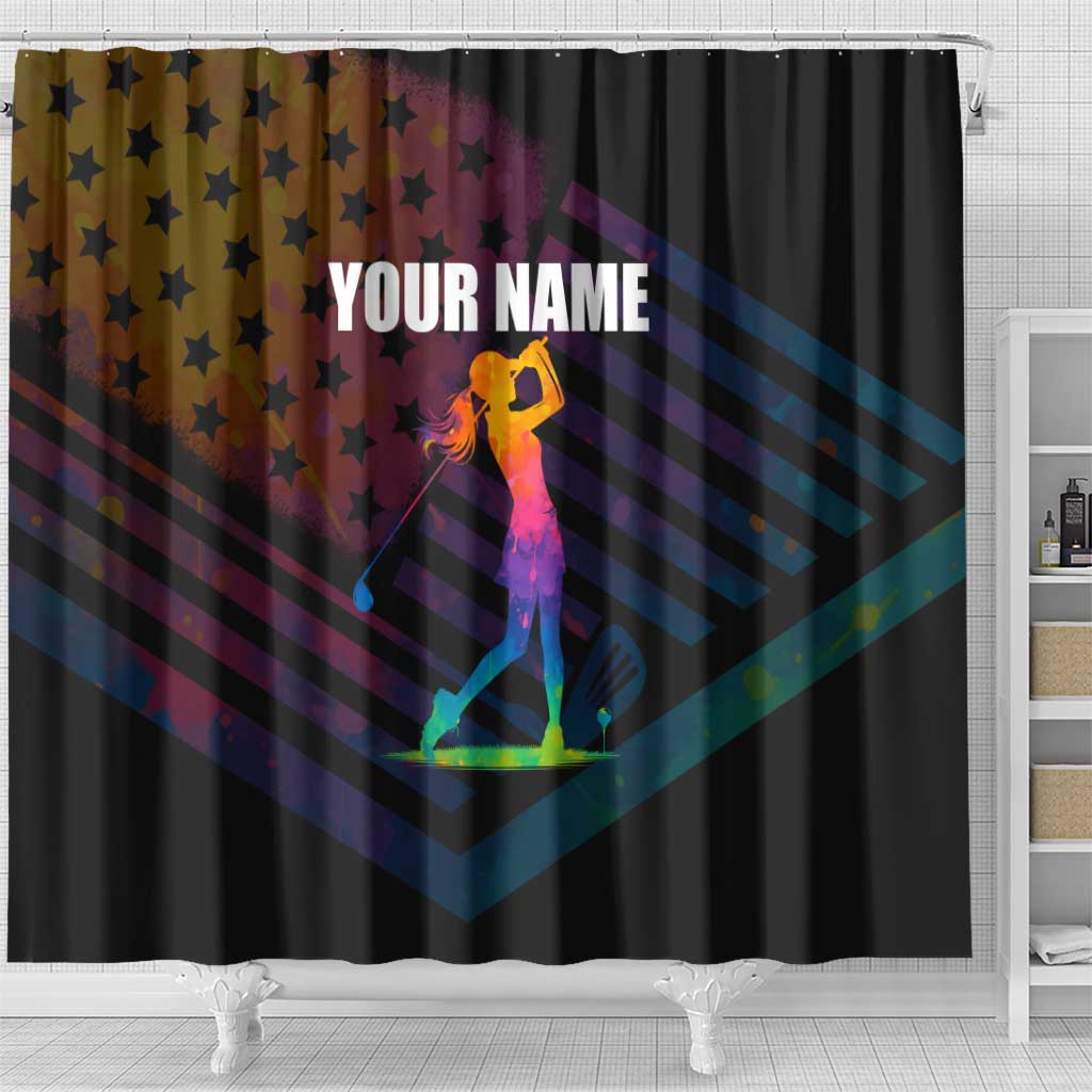 Colorful Golf Shower Curtain Watercolor American Flag Female Golfer Silhouette in Rainbow Gradient - Wonder Print Shop