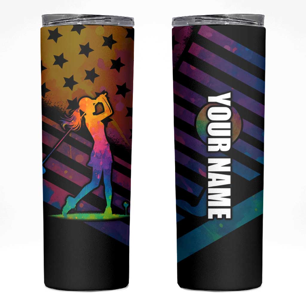 Colorful Golf Skinny Tumbler Watercolor American Flag Female Golfer Silhouette in Rainbow Gradient - Wonder Print Shop