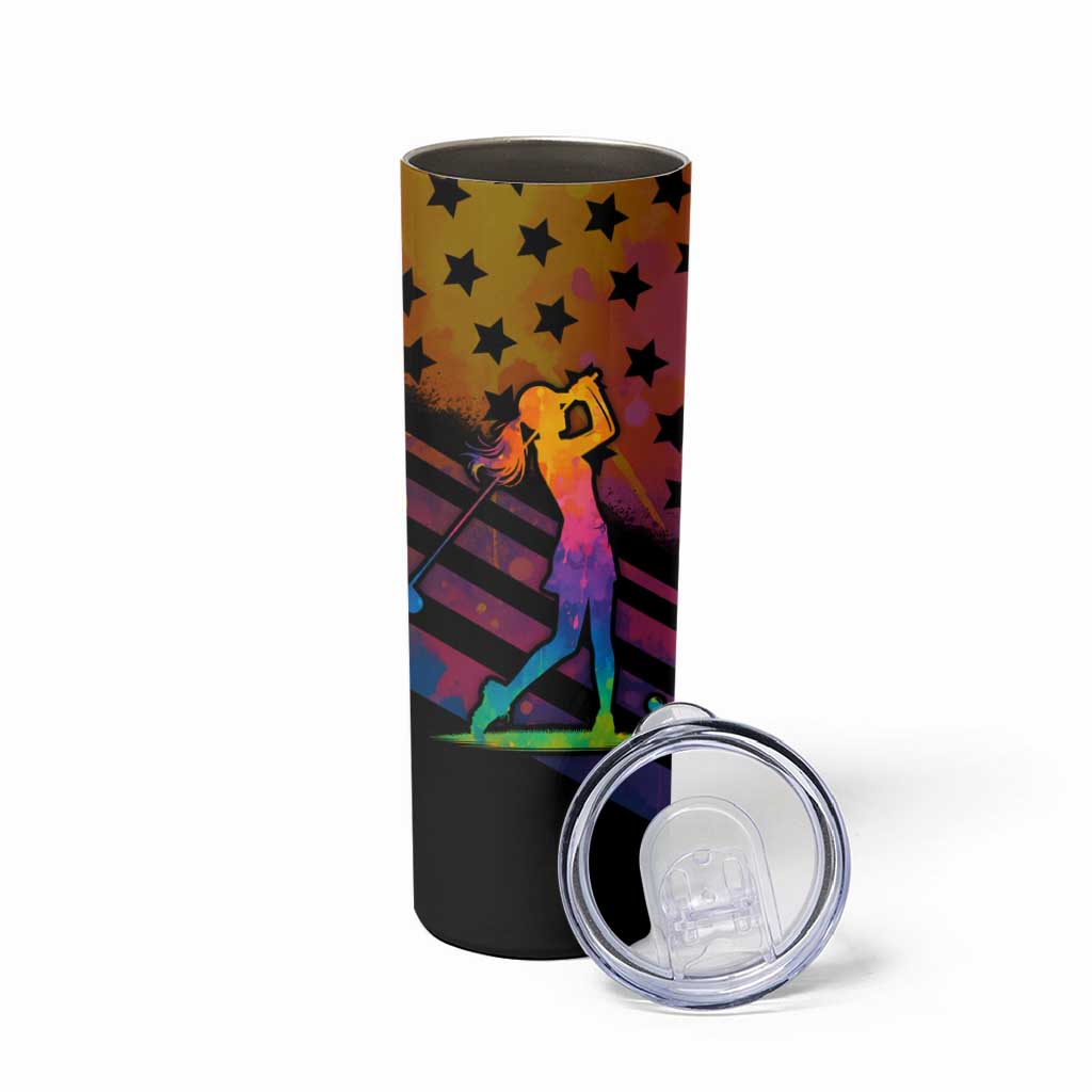 Colorful Golf Skinny Tumbler Watercolor American Flag Female Golfer Silhouette in Rainbow Gradient - Wonder Print Shop