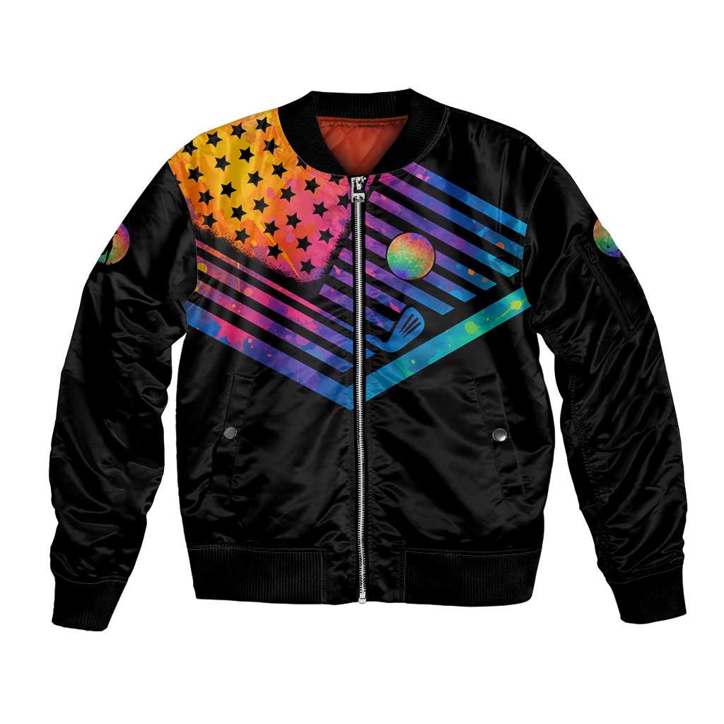 Colorful Golf Sleeve Zip Bomber Jacket Watercolor American Flag Female Golfer Silhouette in Rainbow Gradient - Wonder Print Shop