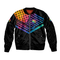 Colorful Golf Sleeve Zip Bomber Jacket Watercolor American Flag Female Golfer Silhouette in Rainbow Gradient - Wonder Print Shop