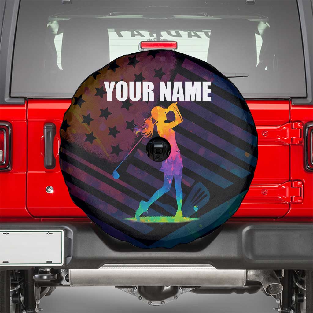 Colorful Golf Spare Tire Cover Watercolor American Flag Female Golfer Silhouette in Rainbow Gradient - Wonder Print Shop