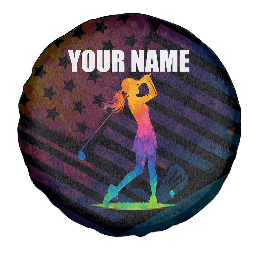 Colorful Golf Spare Tire Cover Watercolor American Flag Female Golfer Silhouette in Rainbow Gradient - Wonder Print Shop