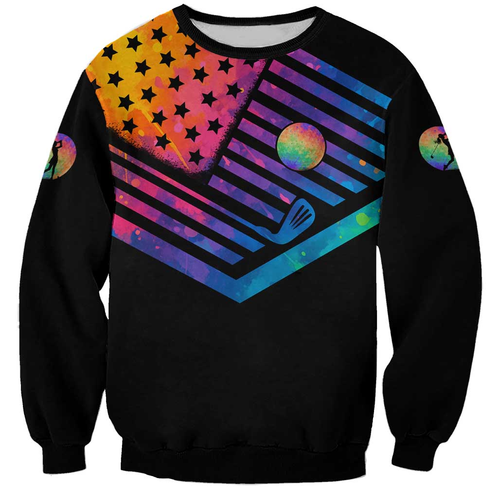 Colorful Golf Sweatshirt Watercolor American Flag Female Golfer Silhouette in Rainbow Gradient - Wonder Print Shop