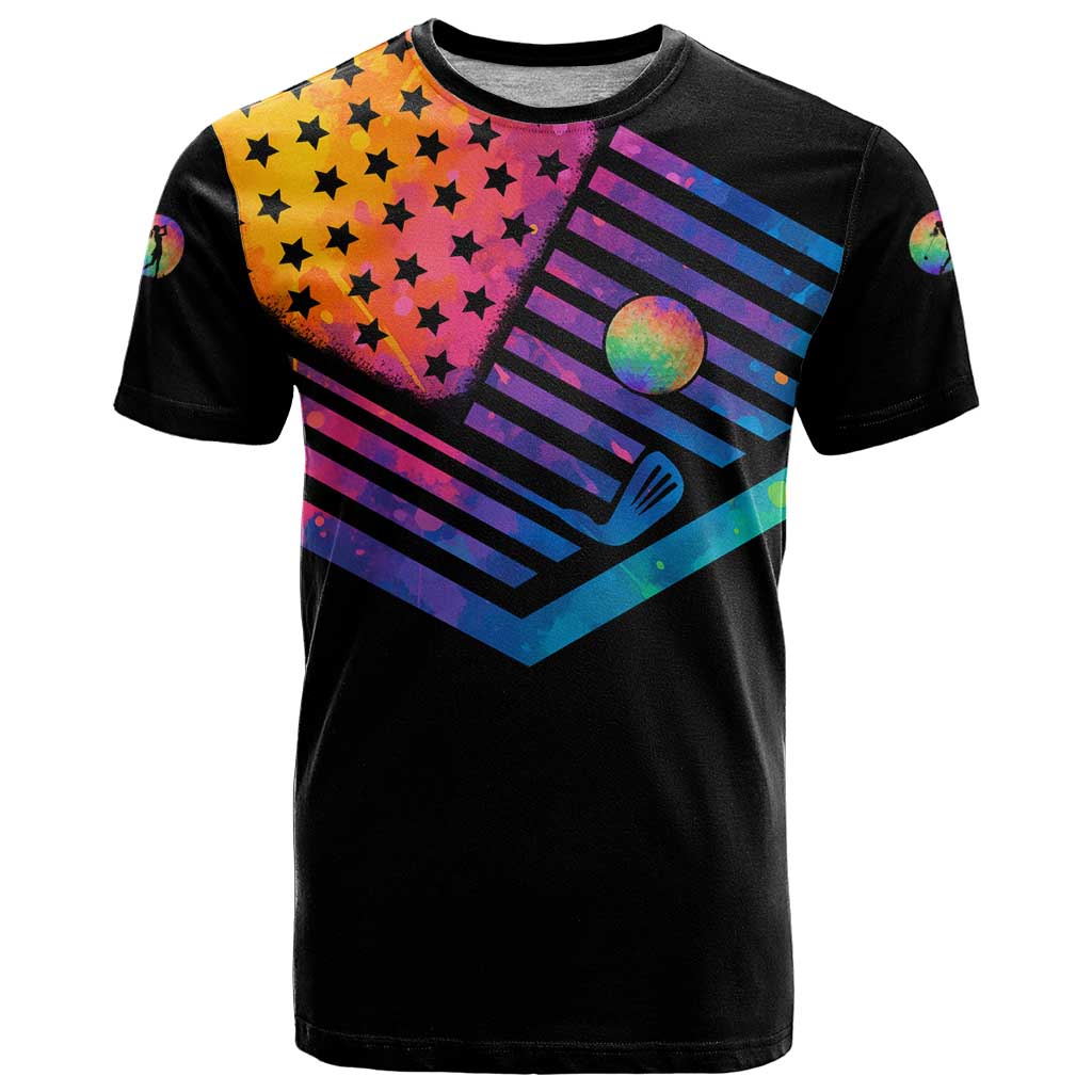Colorful Golf T Shirt Watercolor American Flag Female Golfer Silhouette in Rainbow Gradient - Wonder Print Shop