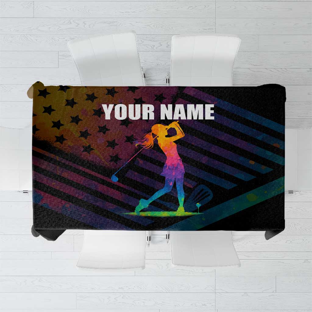 Colorful Golf Tablecloth Watercolor American Flag Female Golfer Silhouette in Rainbow Gradient - Wonder Print Shop