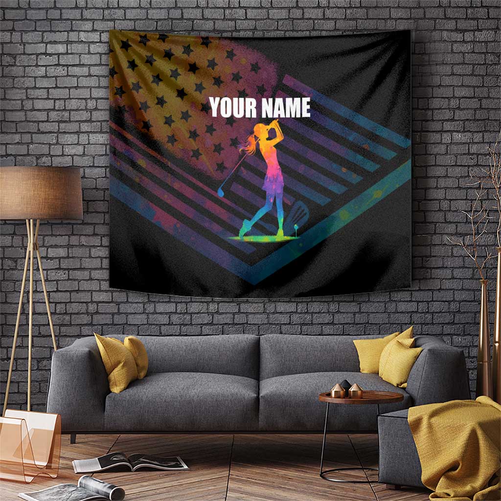 Colorful Golf Tapestry Watercolor American Flag Female Golfer Silhouette in Rainbow Gradient - Wonder Print Shop