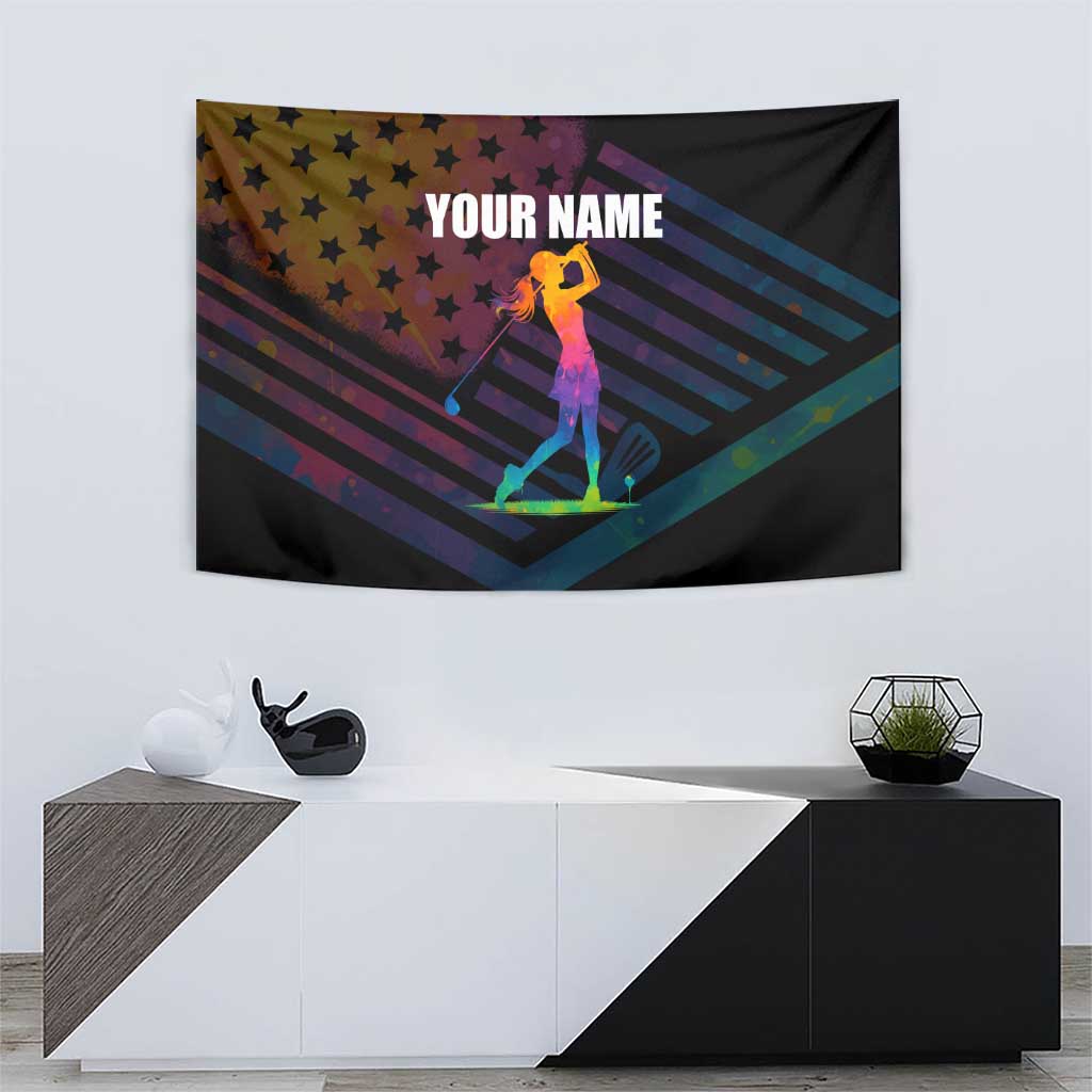 Colorful Golf Tapestry Watercolor American Flag Female Golfer Silhouette in Rainbow Gradient - Wonder Print Shop