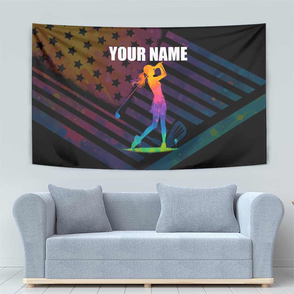 Colorful Golf Tapestry Watercolor American Flag Female Golfer Silhouette in Rainbow Gradient - Wonder Print Shop