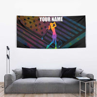 Colorful Golf Tapestry Watercolor American Flag Female Golfer Silhouette in Rainbow Gradient - Wonder Print Shop