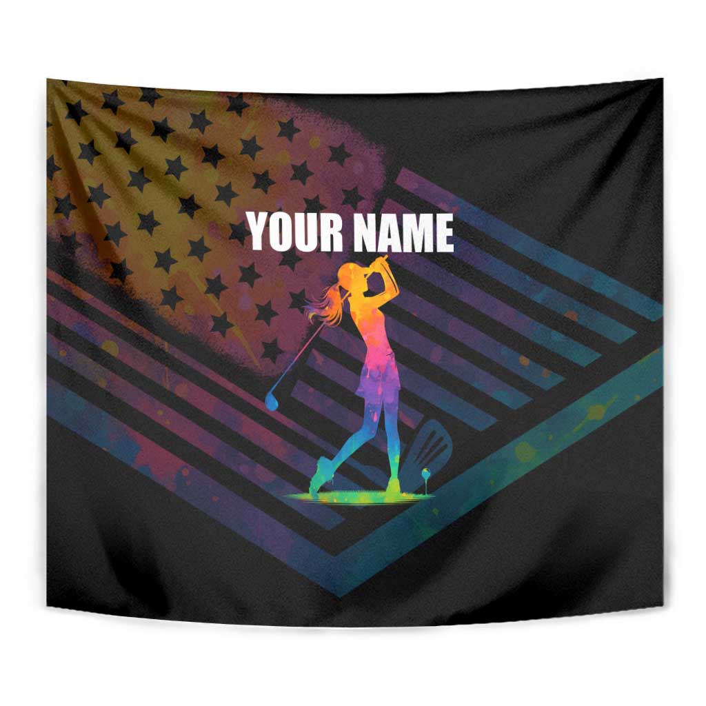 Colorful Golf Tapestry Watercolor American Flag Female Golfer Silhouette in Rainbow Gradient - Wonder Print Shop