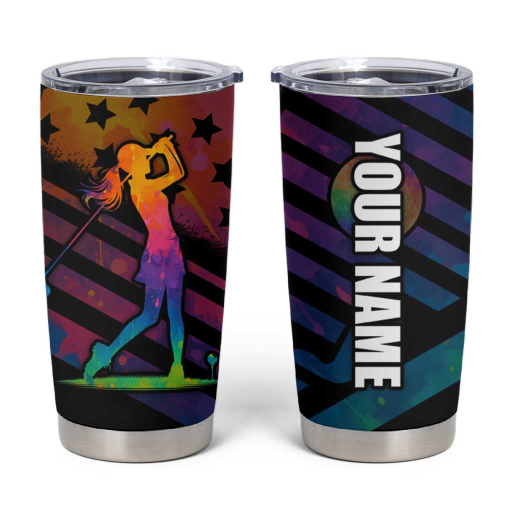 Colorful Golf Tumbler Cup Watercolor American Flag Female Golfer Silhouette in Rainbow Gradient - Wonder Print Shop