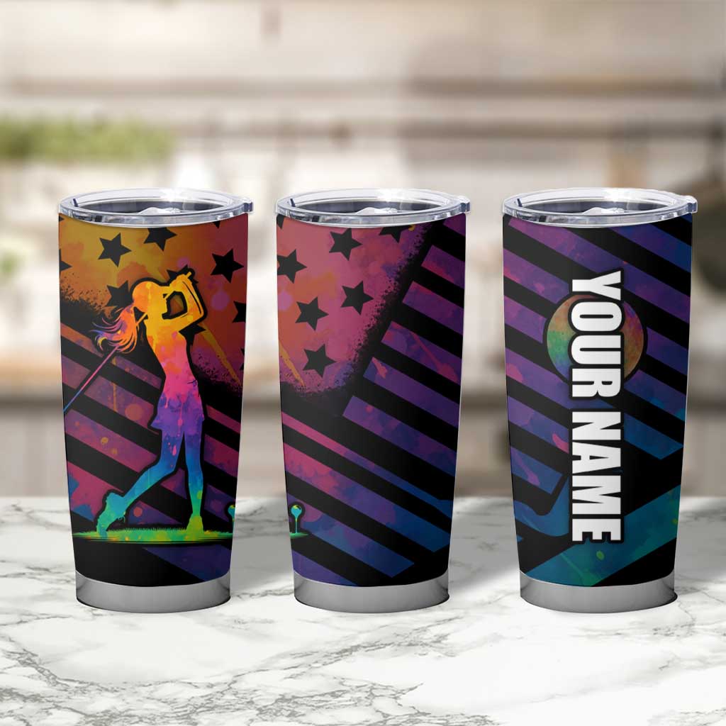 Colorful Golf Tumbler Cup Watercolor American Flag Female Golfer Silhouette in Rainbow Gradient - Wonder Print Shop