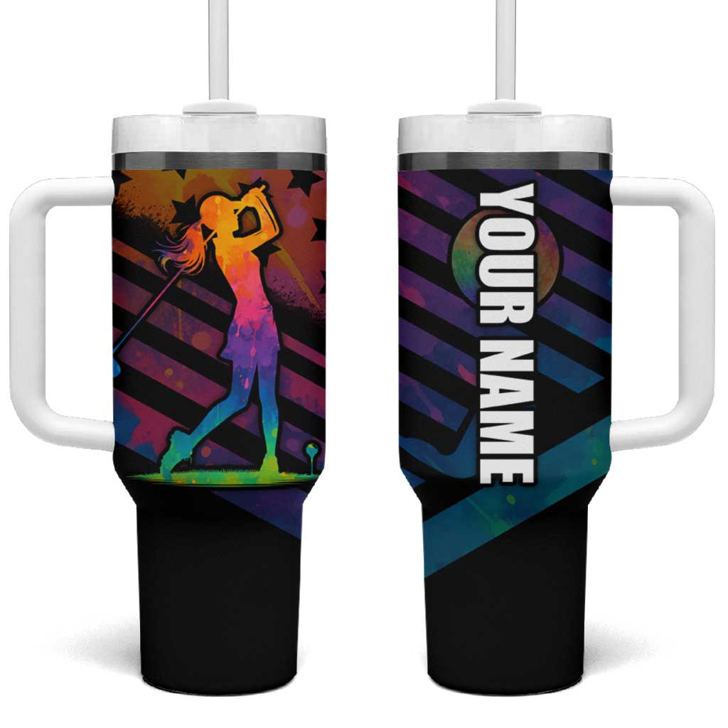 Colorful Golf Tumbler With Handle Watercolor American Flag Female Golfer Silhouette in Rainbow Gradient - Wonder Print Shop